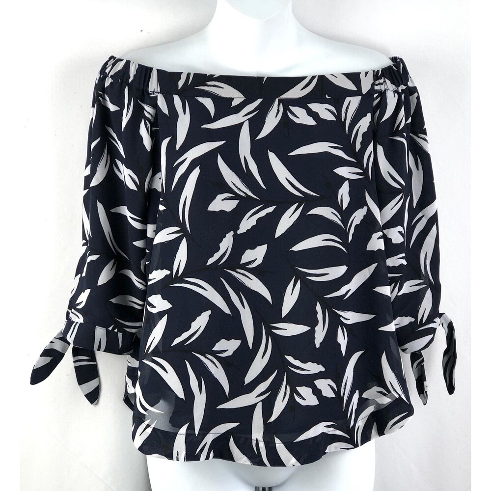 Ann Taylor Off Shoulder Chiffon Top XS Blue/wht Geo 3/4 sleeve Tie accent Flowy